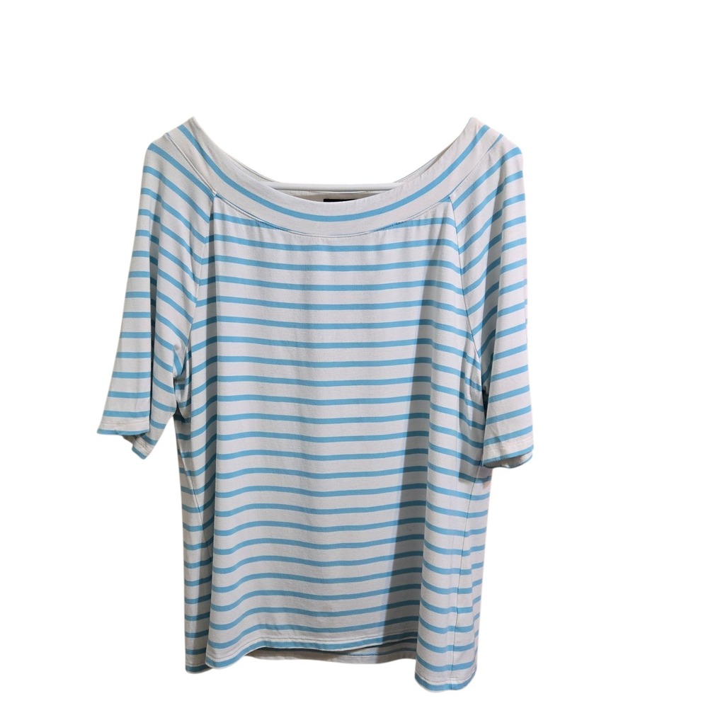Talbots Tee 3/4 Sleeve Top‎ Womens L Aqua White Striped Minimalist Quiet Luxury
